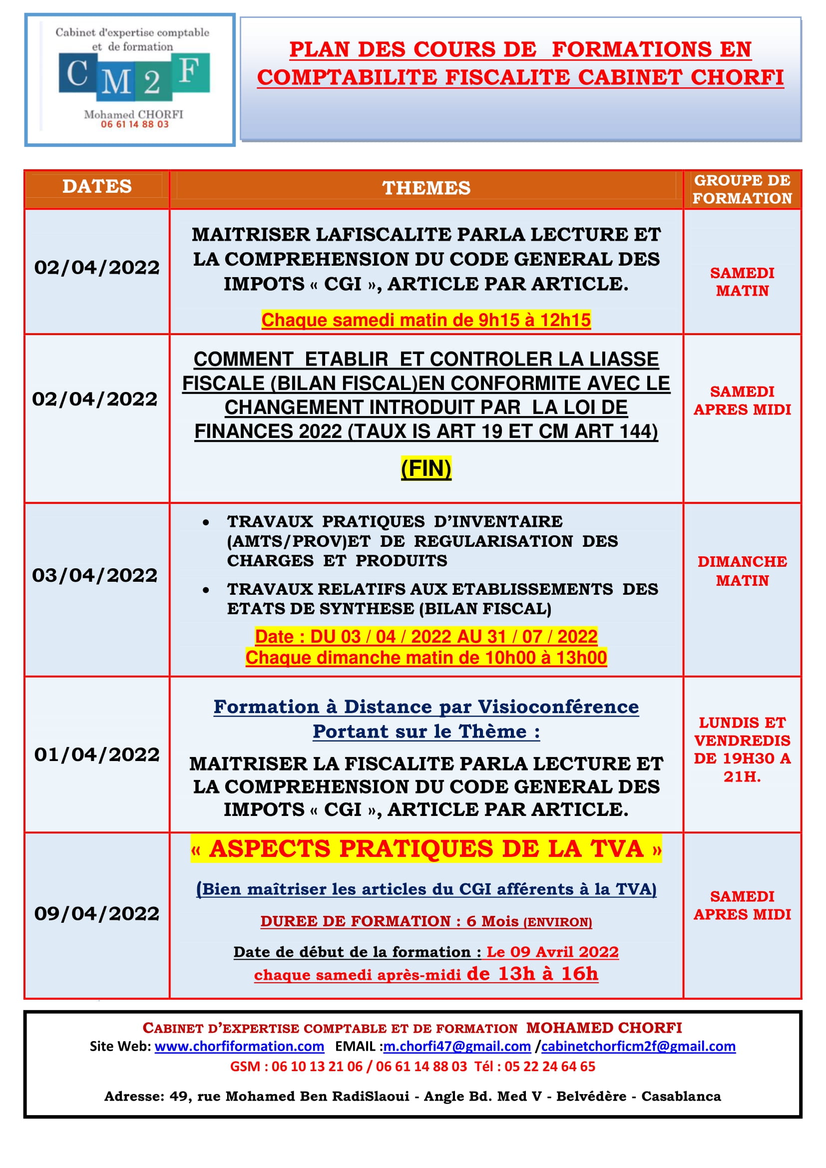 plan des cours de formations en comptabilité fiscalité et PAIE 2022 en weekend-1