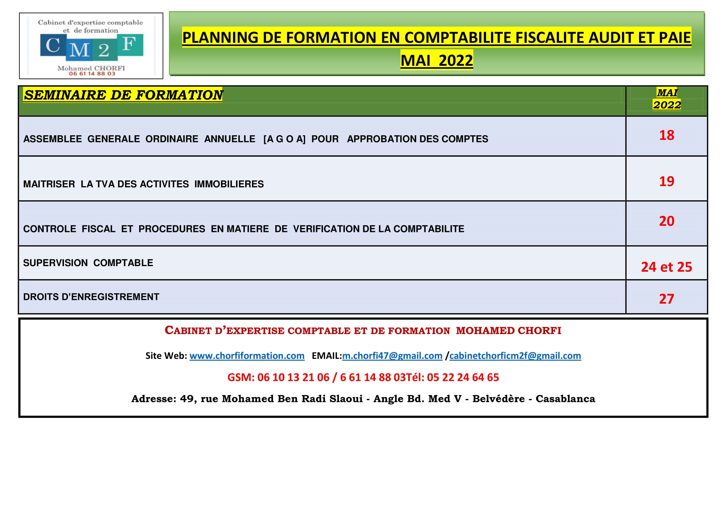 PLANNING DES SEMINAIRES DE FORMATION MAI ANNEE 2022 -1