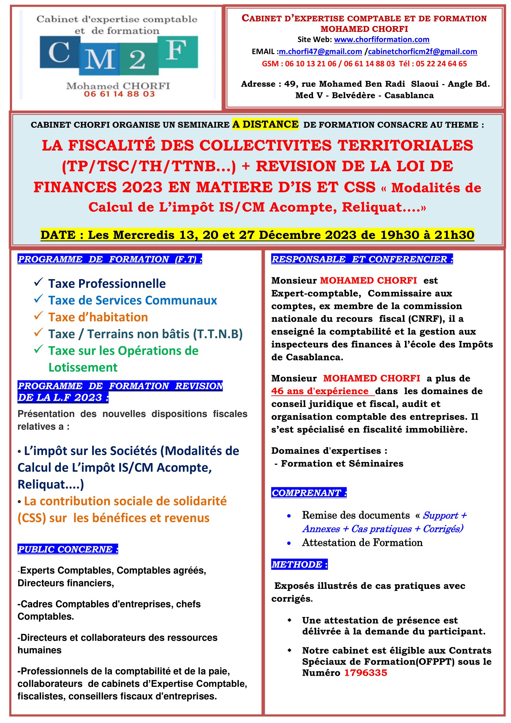 SEMINAIRE A DISTANCE LA FISCALITÉ DES COLLECTIVITES TERRITORIALES +REVISION DE LF 2023 IS ET CSS