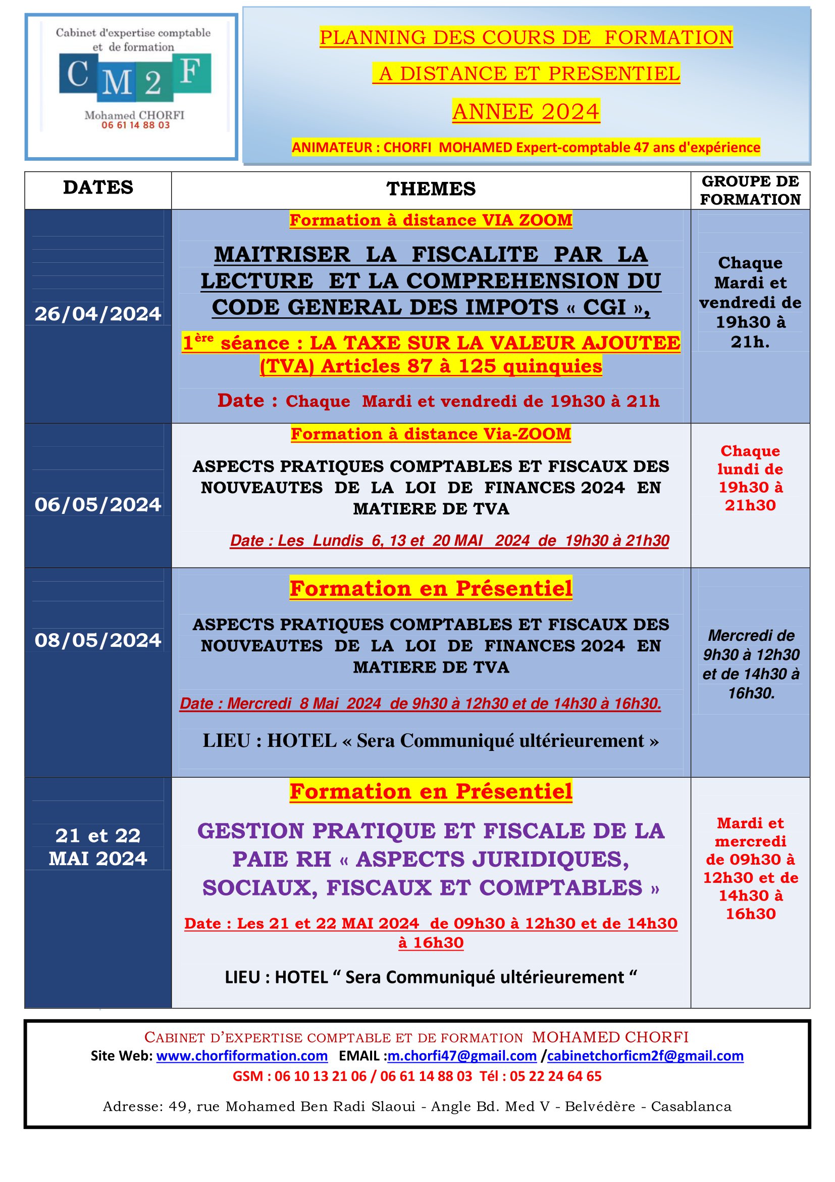 PLANNING DES COURS DE FORMATION A DISTANCE ET PRESENTIEL