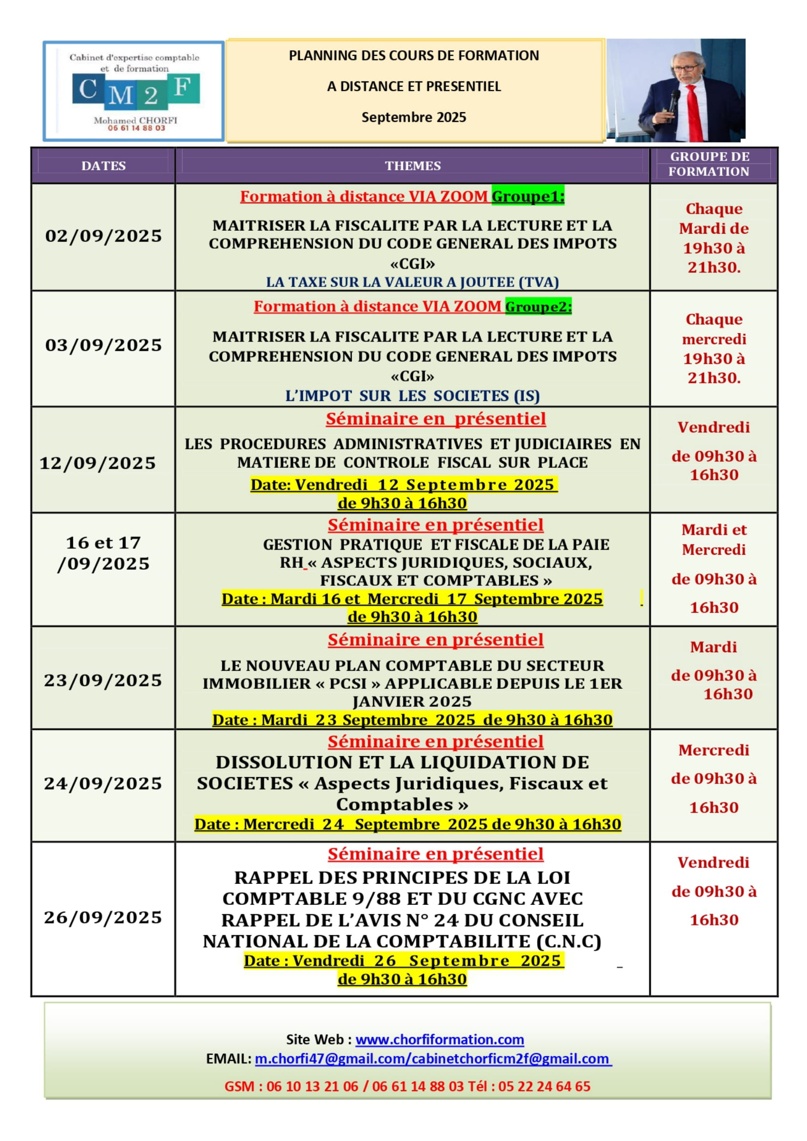 PLANNING DES COURS DE FORMATION ET SEMINAIRES A DISTANCE ET PRESENTIEL SEPTEMBRE 2025 CHORFI-01